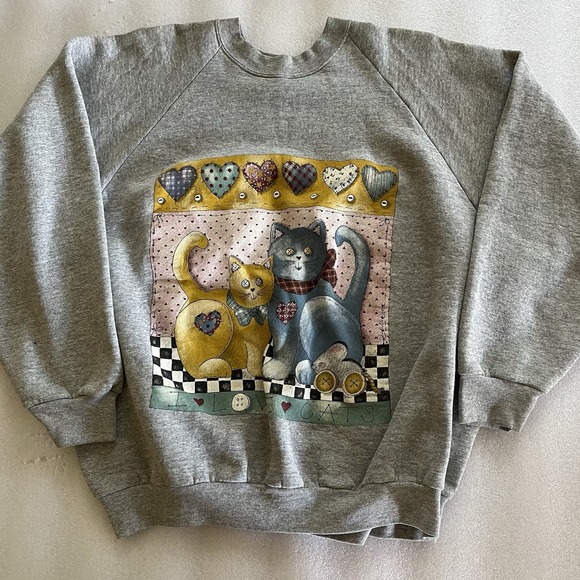 Vintage Fruit Of The Loom Sweatshirt I Love Cats Stitch Look Cottagecore Sz XXL - Picture 1 of 7
